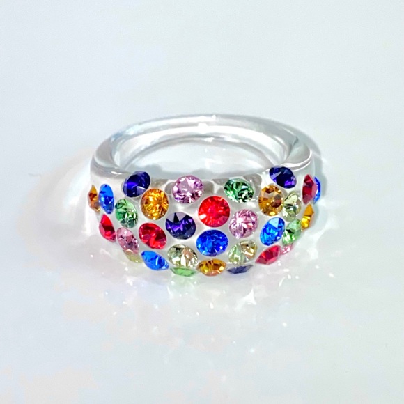 Multicoloured Acrylic Ring Embellished With Genuine Crystal Stone Elements New! - Picture 7 of 12